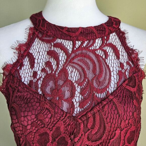 Speechless Wine Red Eyelash Lace Mini Dress Women's Medium Witchy Vamp High Neck - Picture 3 of 10